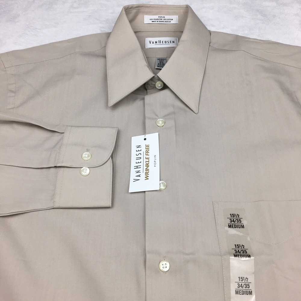 Van Heusen Dress‎ Shirt Men's M 15.5-34/35 Beige Regular Fit Wrinkle Free - Picture 4 of 9